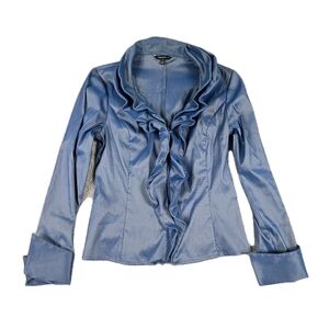 Samuel Dong Blue Wired Ruffled Front Blouse M Shimmer Long Sleeve Zip Old Money
